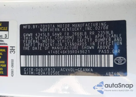 2009 Toyota Camry Le z USA, uszkodzony, nr VIN 4T4BE46K99R049621